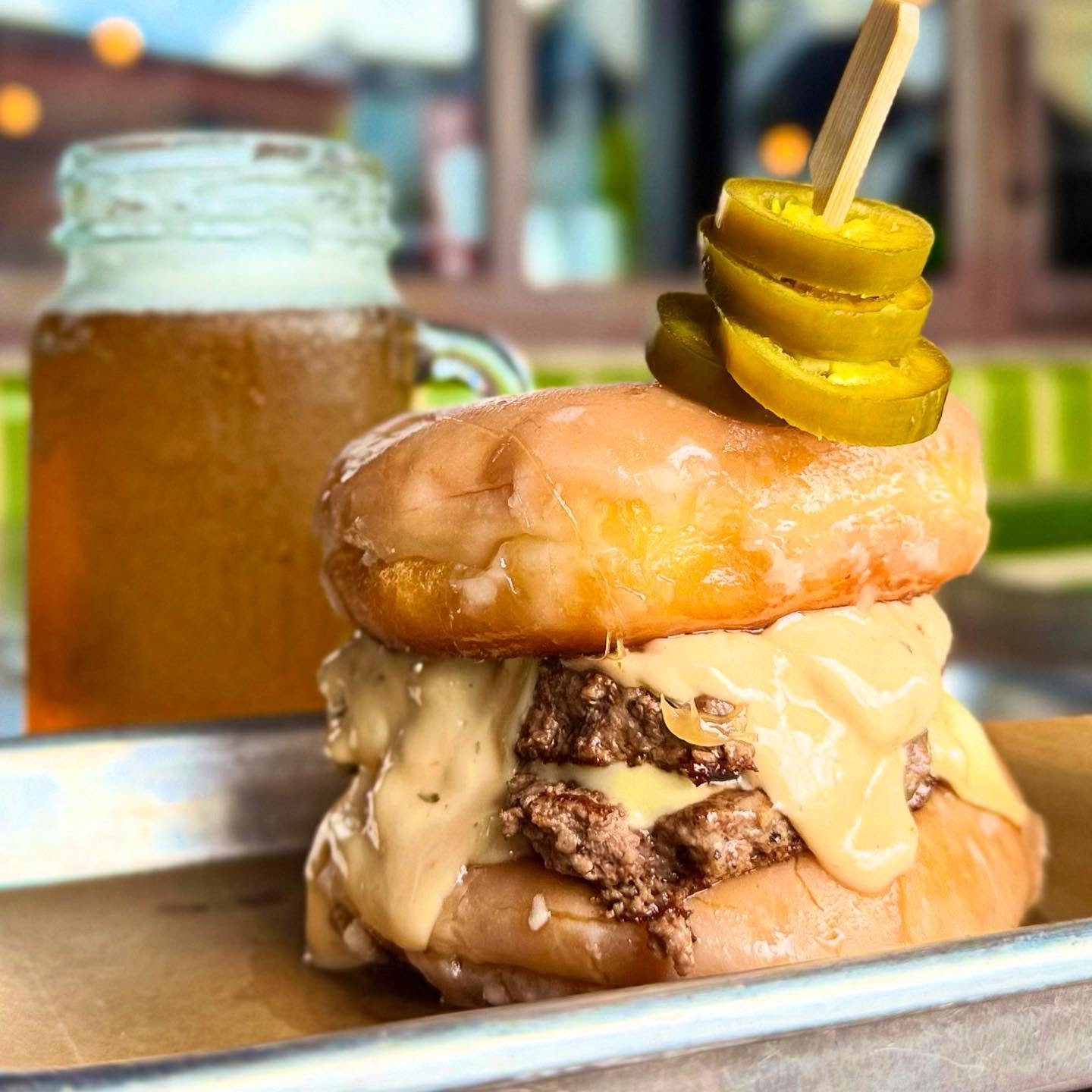 Join us starting today for Lexington Burger Week! We are open today starting at 4pm with our Glaze of Glory burger! Double smash angus burger with our Bear’s secret sauce and double American cheese, served between two glazed donut buns, and top