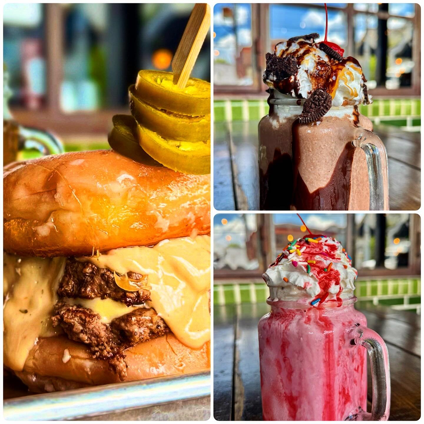 Name a better combo than a burger and a milkshake! Try one of our new alcoholic (or non) with our Glaze of Glory donut burger! 🍔 ☀️🥤