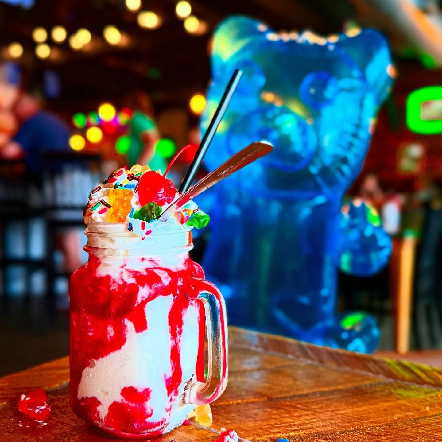 NEW Gummy Bear Boozy Shake: Bumbu Rum, Raspberry Syrup, Whipped Cream, Cherry, &amp; Gummy Bears.&nbsp;(Available as nonalcoholic as well) 
Featured this Saturday at the Chevy Chase Street Fair! 

We will also have giant souvenir inflatable gummy bea