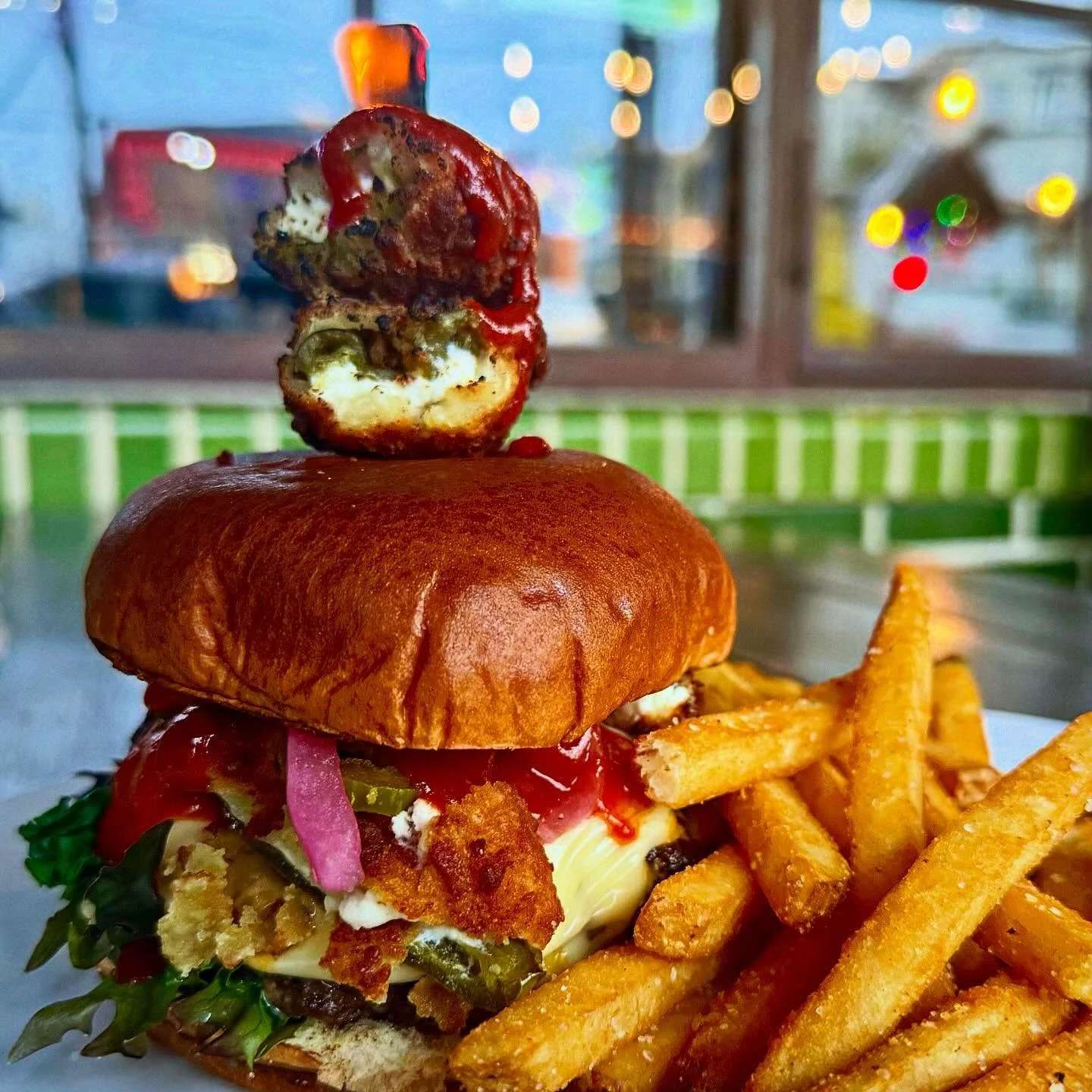 This weekends special is the Hellraiser burger! Smash Burger, Flamin’ Hot Honey Sauce, Jalapeños, Jalapeño Poppers, American Cheese, & Pickled Red Onion
Available Friday & Saturday