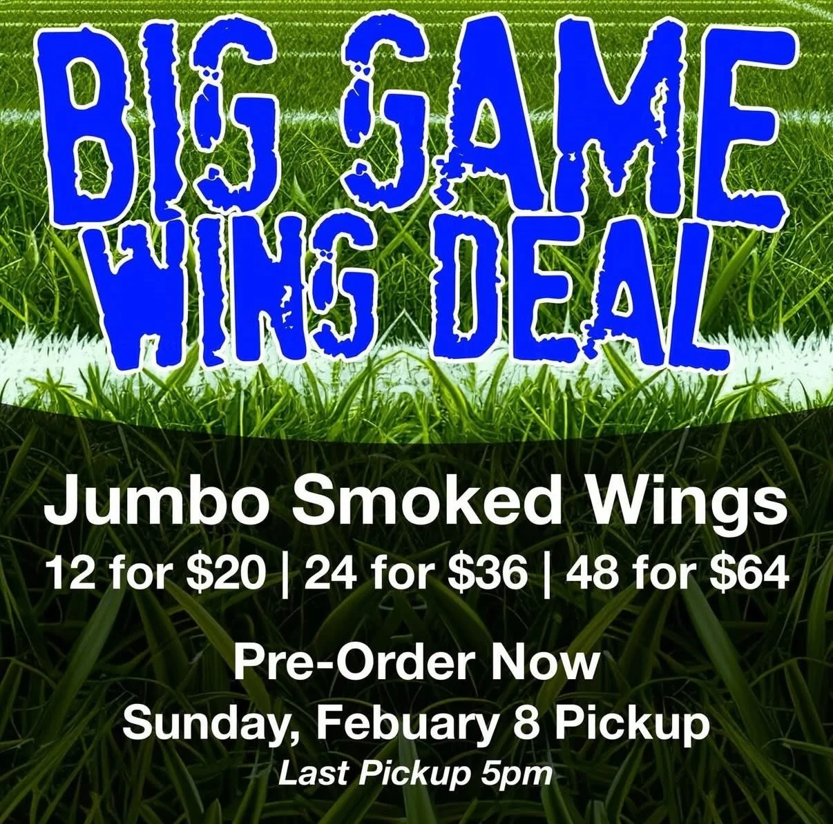 Place your order today&mdash;we will run out, but you don&rsquo;t have to miss out! Schedule your pick-up or delivery for Sunday, February 8 🏈 🍗 🏆 

Last pick-up or delivery is at 5pm!