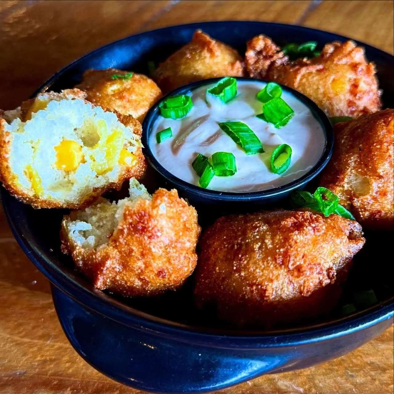 Weekend special! 🚨 Hatch Chili &amp; Corn Hushpuppies with Bear Sauce 🤤. Also, we will be closing at 4PM to allow our employees to enjoy the Super Bowl 🏈 🇺🇸 🦅