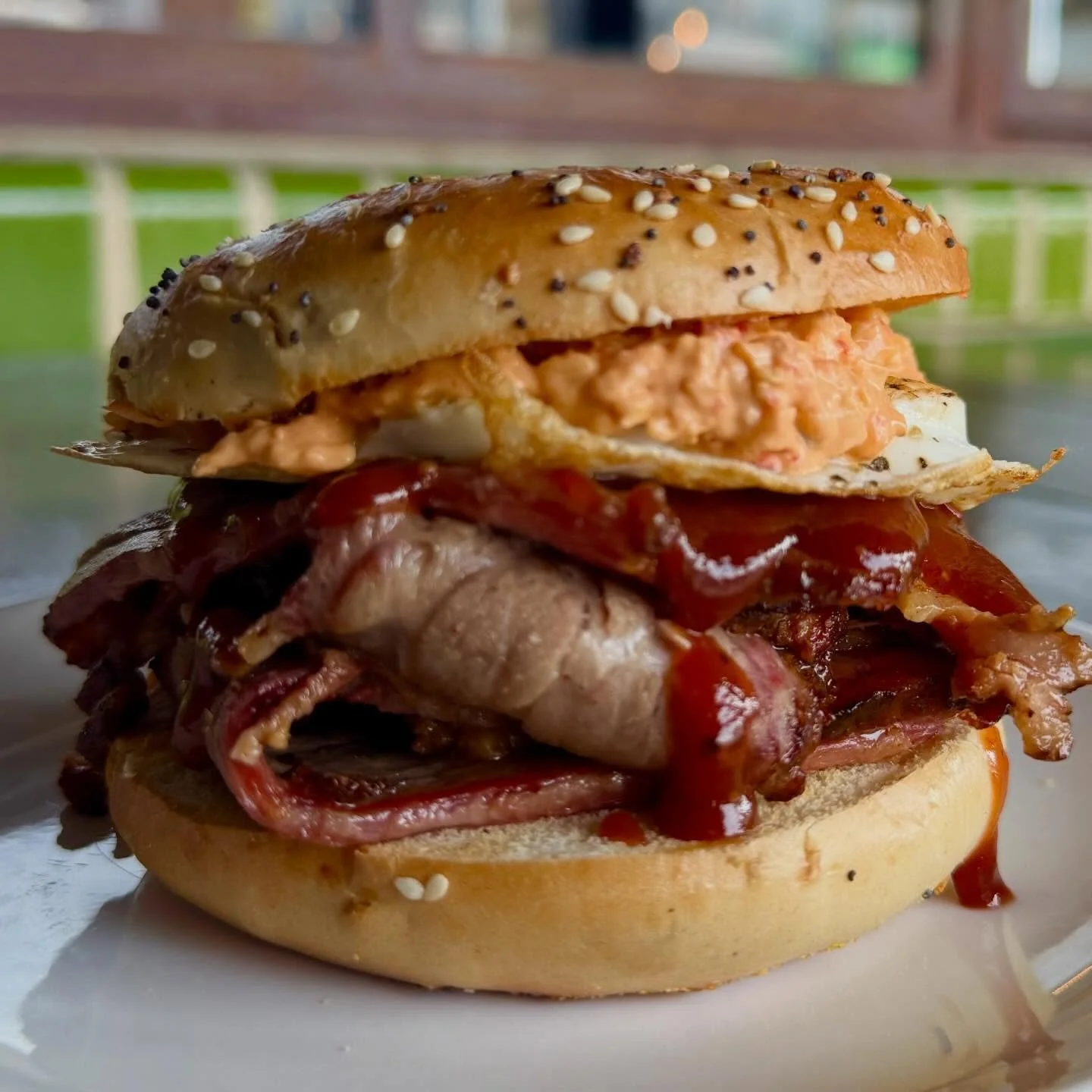 Available for brunch today. Sliced Brisket, BBQ, Pimento Cheese, Fried Egg on an Everything Bagel!

#brunch #brisket #breakfastsandwich #bearandthebutcher