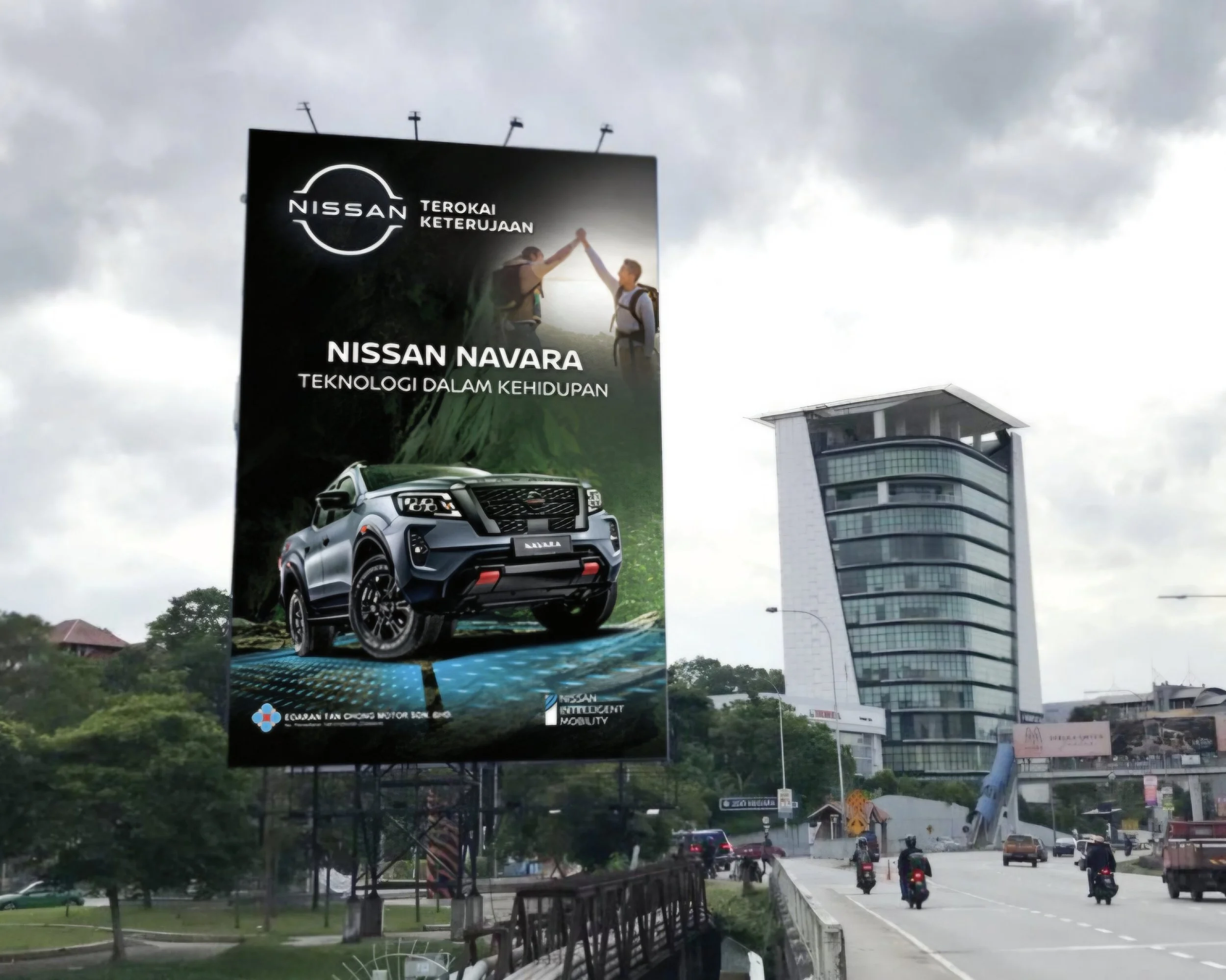 Billboard advertisement for Nissan Navara featuring a gray pickup truck, with a background of hikers and some buildings and clouds in the sky opposite Zoo Negara, MRR2.
