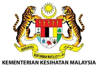 Malaysian Ministry of Health emblem featuring two tigers, a shield with various symbols, and a yellow banner with Malay motto.