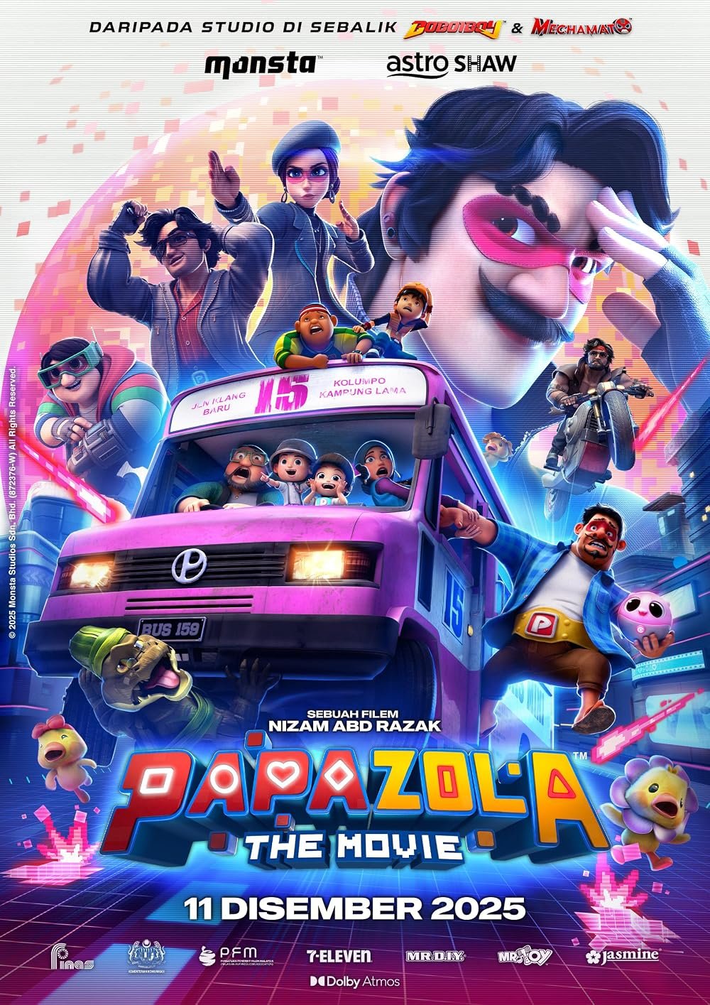 A colorful animated movie poster for "Papa Zola: The Movie" featuring a group of characters, including a man with sunglasses and a mustache, children riding a pink bus, and various quirky creatures, set against a dynamic city background with neon lights and pixelated effects. The poster includes text in Indonesian, indicating the release date as December 11, 2025.