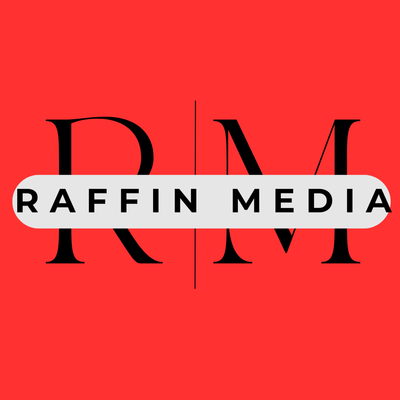 Red background with the text 'RAFFIN MEDIA' in black inside a gray oval overlay, and large black letters 'R' and 'M' in the background.