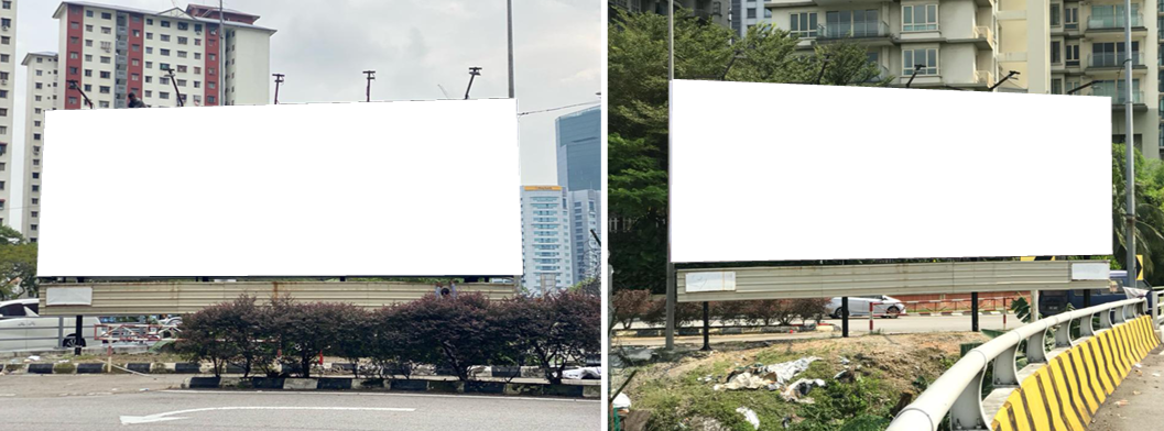 Comparison of two large blank billboards, one in an urban setting with tall buildings and a parking lot, the other in a more suburban area with green trees and a road.