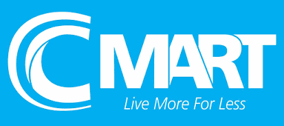 C Mart logo with blue background and white text reading 'C MART' and slogan 'Live More For Less'.