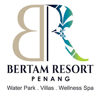Logo for Bertam Resort Penang featuring stylized 'B' and 'R' with water theme and description of water park, villas, and wellness spa.