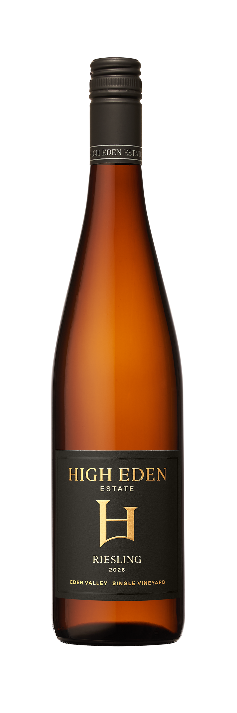 A bottle of High Eden Estate Riesling wine from Eden Valley, featuring a black label with silver-gray text and a black screw cap.