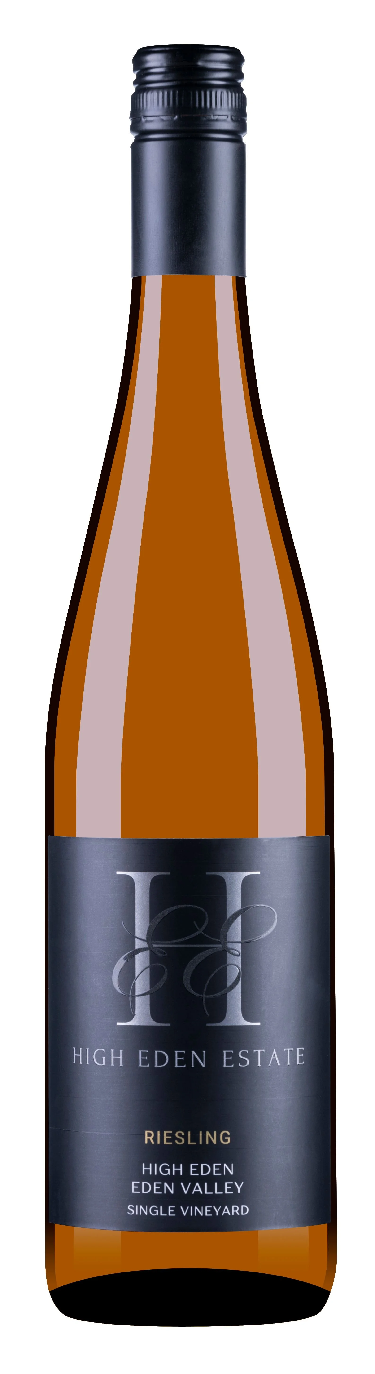 Illustration of a brown bottle of Riesling wine with a black label from High Eden Estate, Eden Valley, Australia, with a black screw cap.