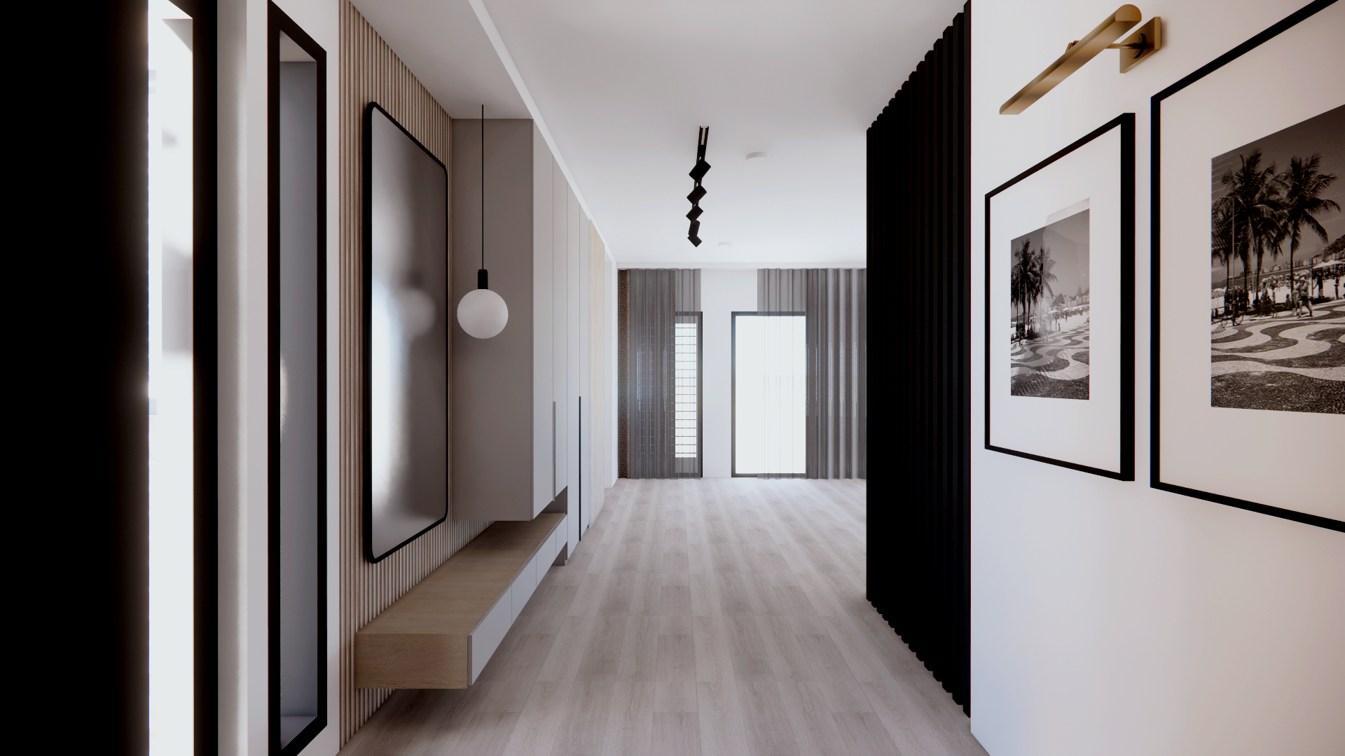 Modern hallway with wooden floors, white walls, black and white framed photographs, and a black vertical slat room divider. Sunlight coming through glass doors at the end.