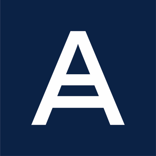 White uppercase letter A on a dark blue background.