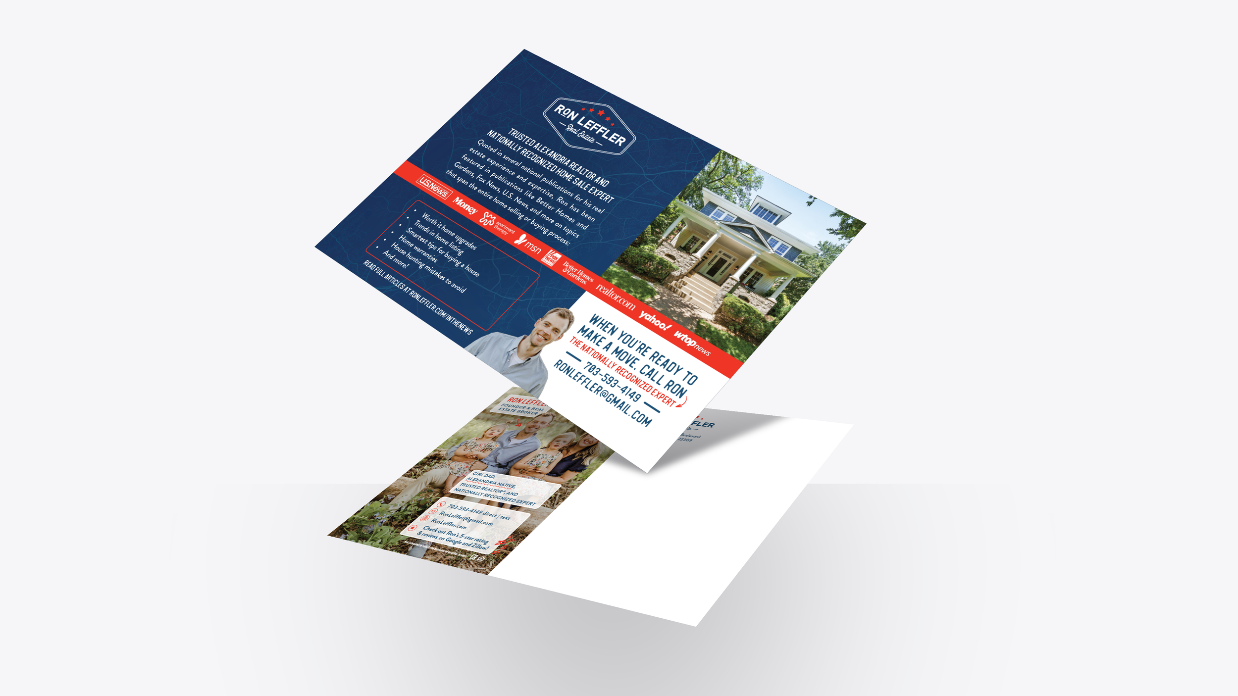 Real estate promotional postcard featuring contact information for a Realtor and images of a house and a family. Includes text about services offered and endorsements.