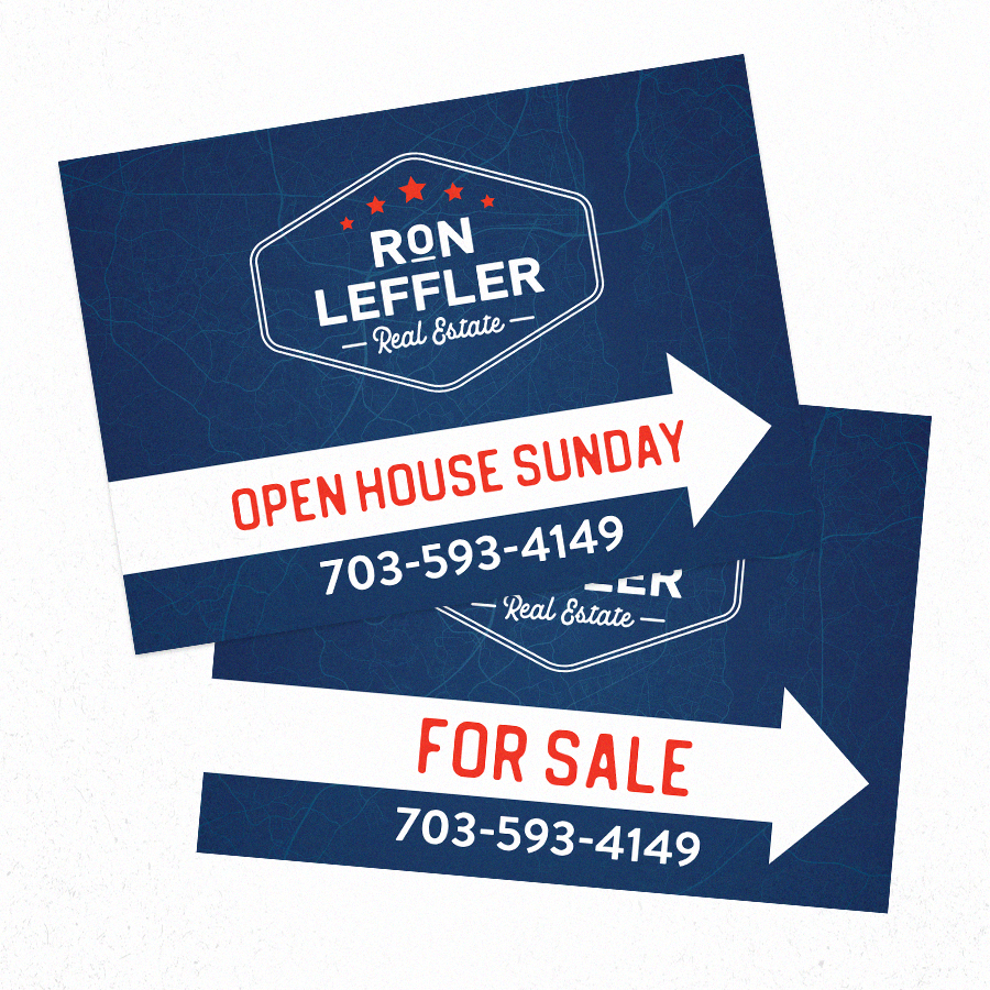 Real estate signs with blue background, featuring text "Ron Leffler Real Estate" and contact number 703-593-4149. One sign reads "Open House Sunday" and another reads "For Sale."