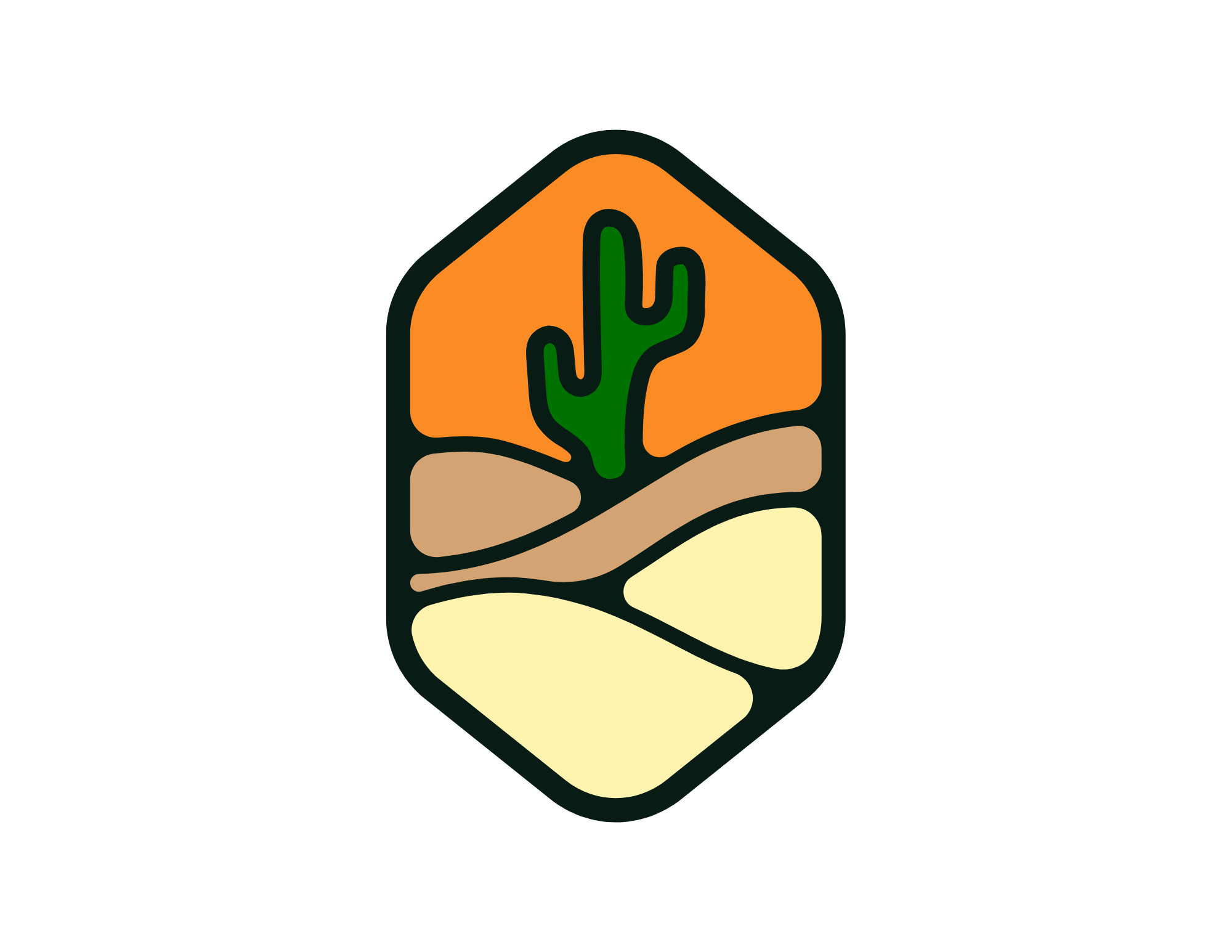 Stylized desert landscape drawing with a green cactus, orange sky, brown and beige ground, outlined in black.
