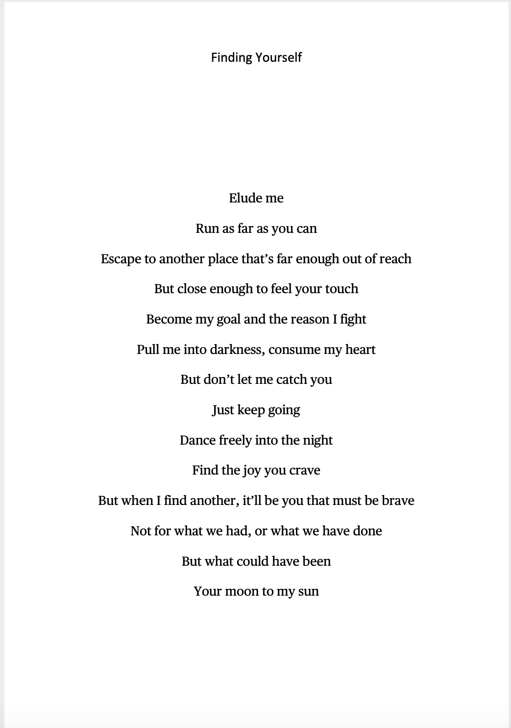 Poem titled "Finding Yourself" with lines about escaping, feeling touch, fighting, darkness, joy, and love.