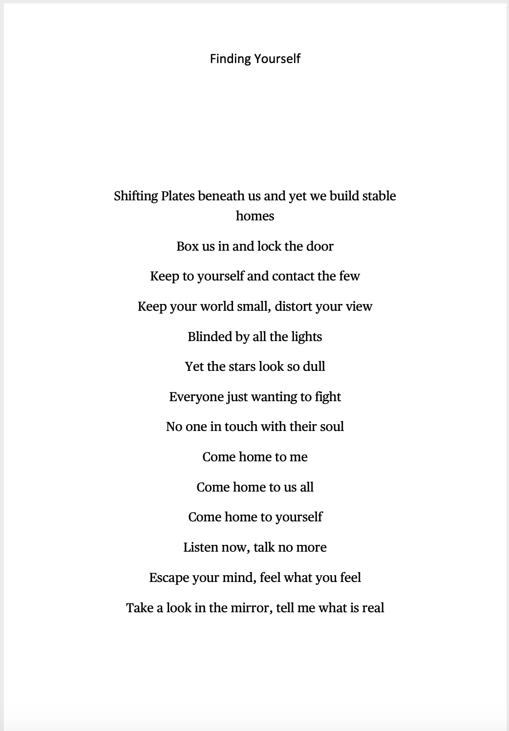 Poem titled 'Finding Yourself' with stanzas about reality, perceptions, and self-reflection.