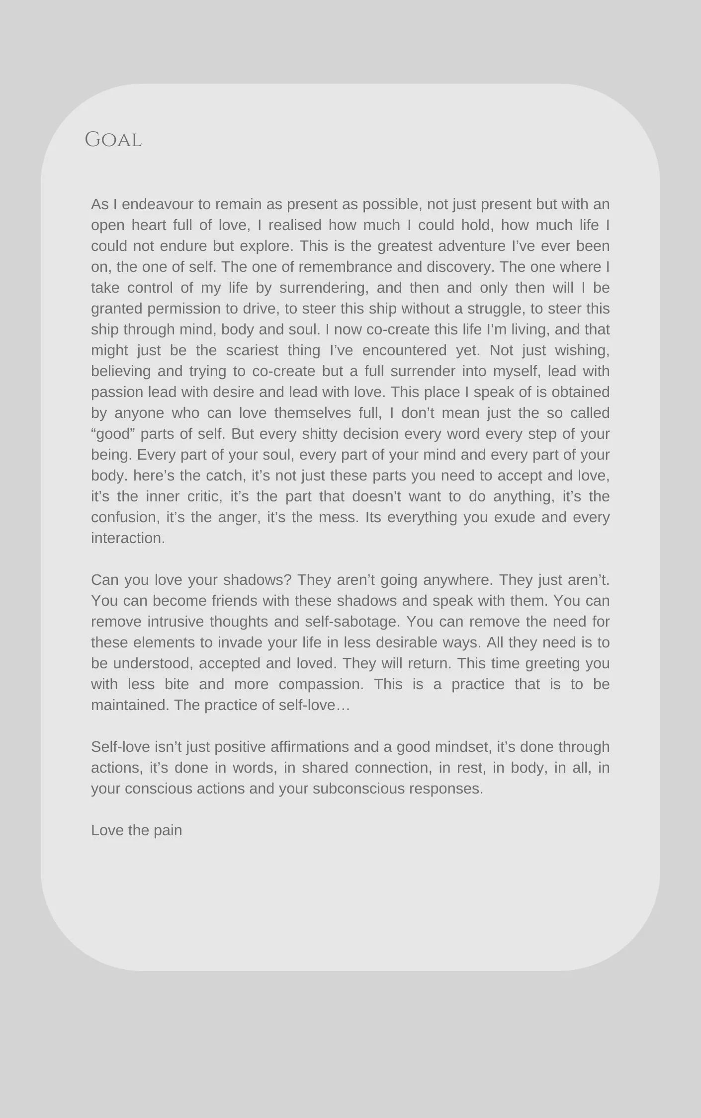 A page of text titled "Goal" discussing self-love, self-awareness, and embracing pain as part of growth.