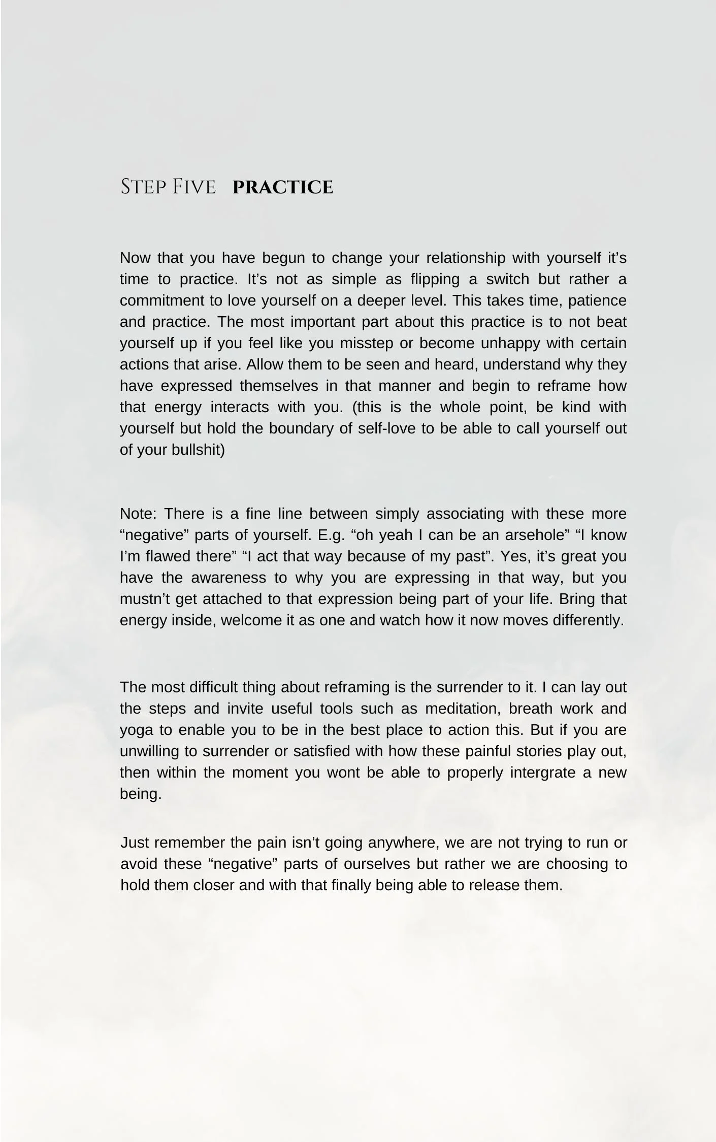 Page with the heading 'Step Five Practice' and text about self-love, reframing negative thoughts, and surrendering to change.