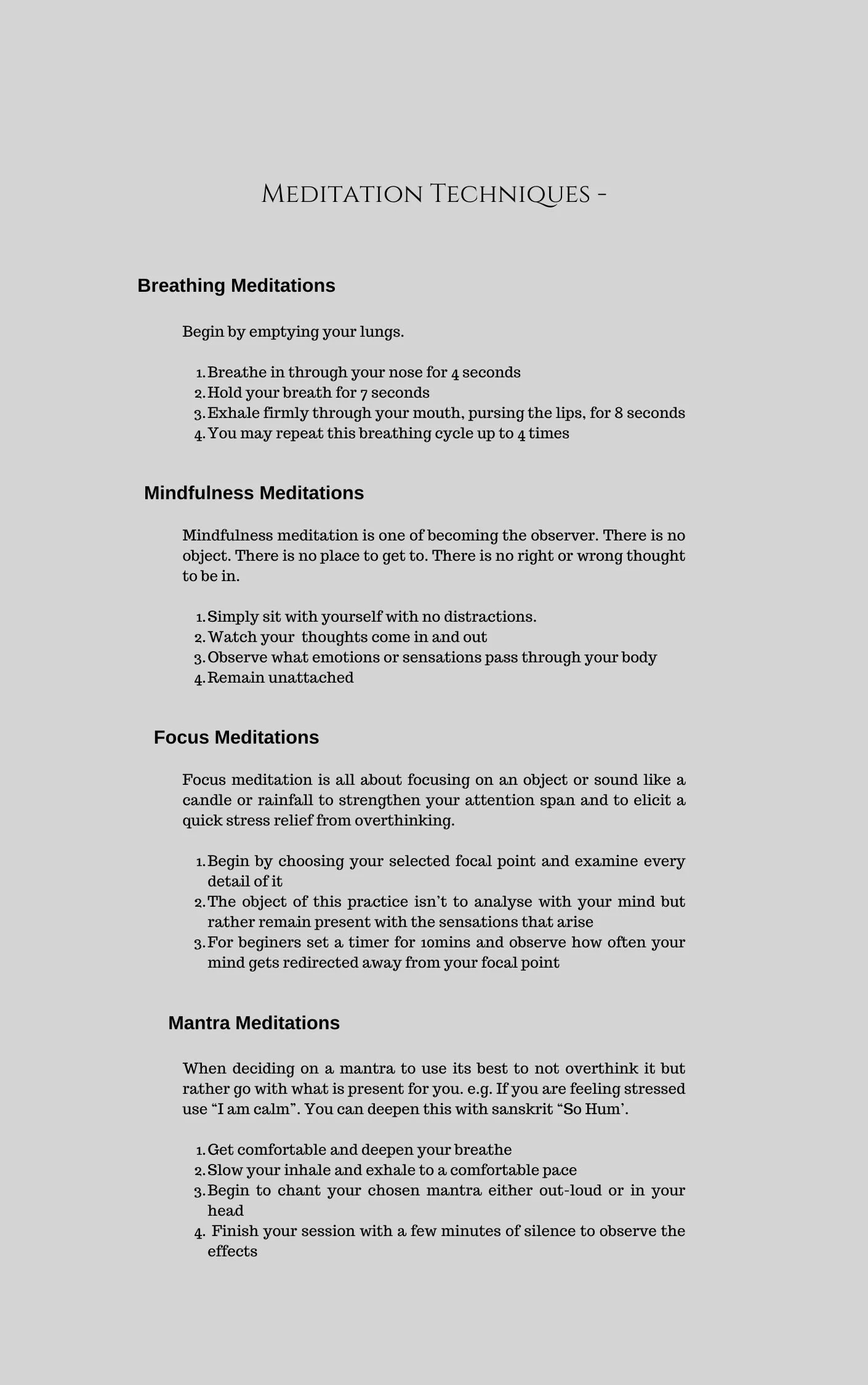 Text-based guide on meditation techniques, including breathing, mindfulness, focus, and mantra meditation.