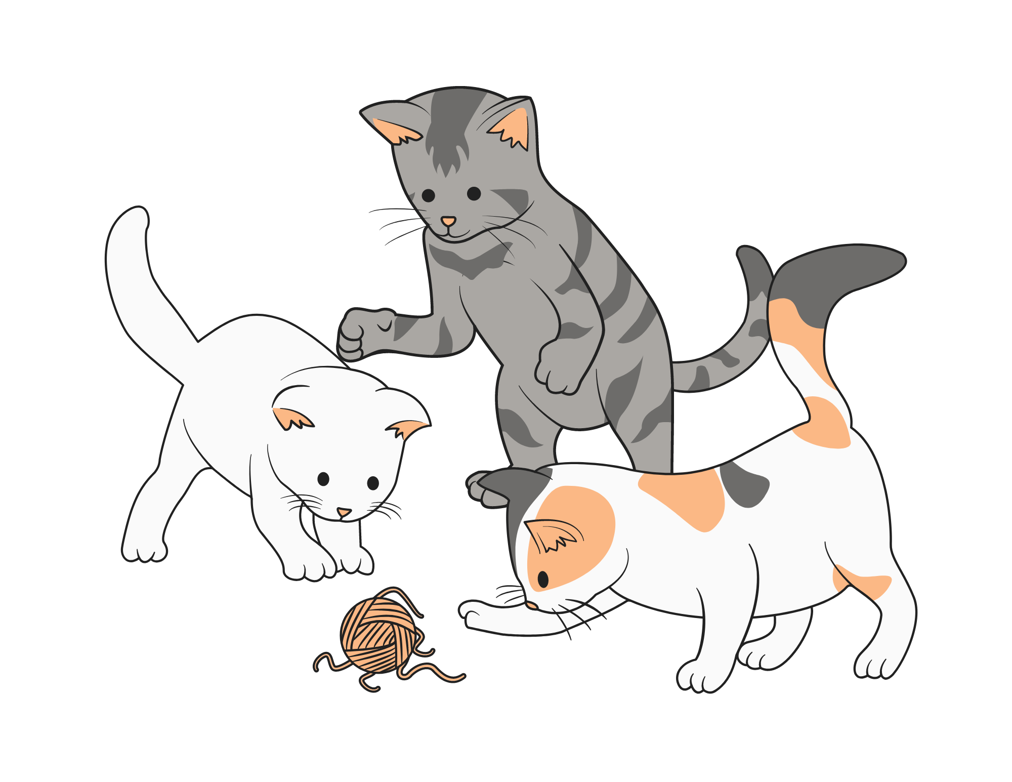 Three playful cartoon cats of different colors—white, gray striped, and calico—are gathered around a ball of yarn on a black background.