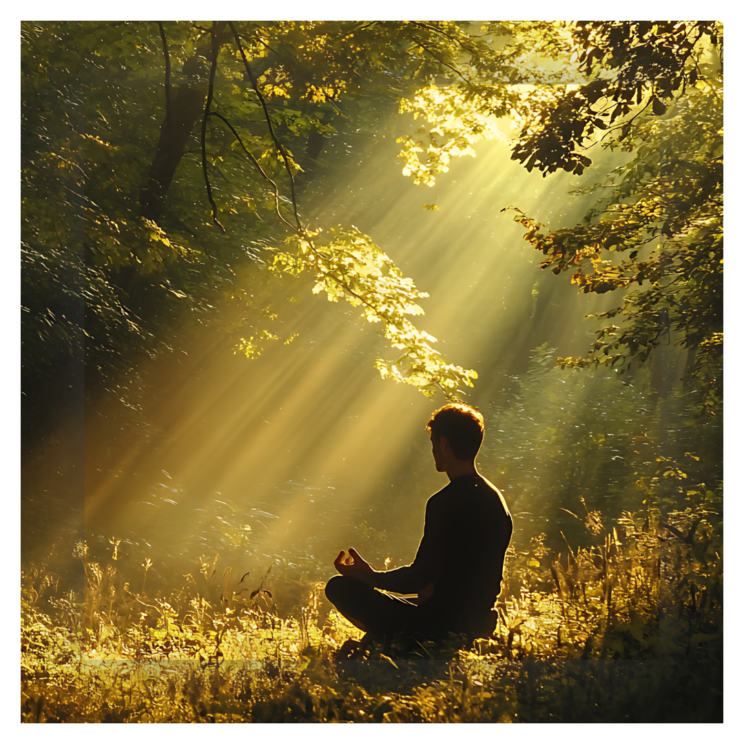 Silhouette of a person meditating outdoors in a forest, with sunlight streaming through the trees.