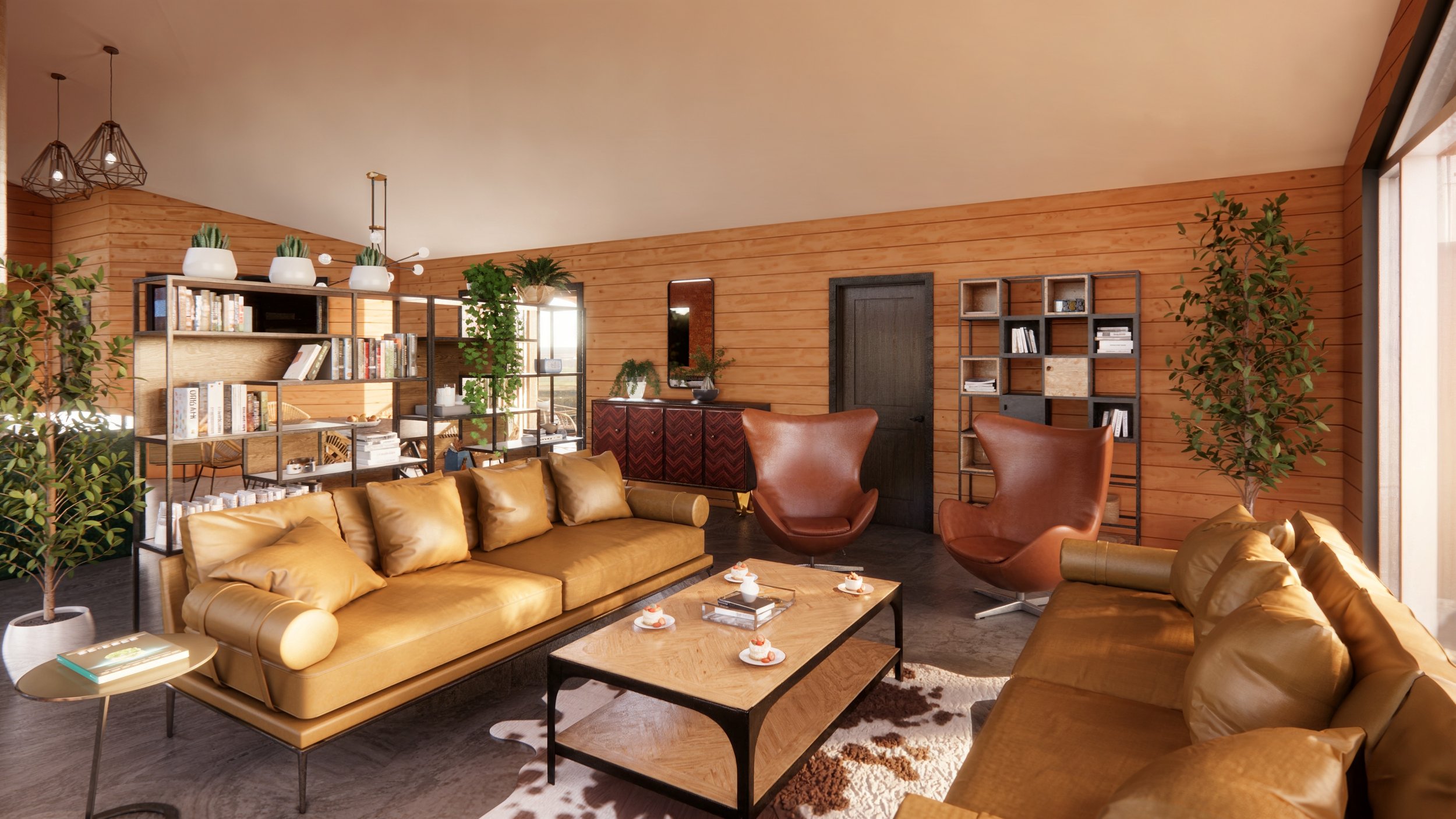 Modern custom prairie home offers an inviting interior. Leather furniture with concrete floor highlight the cottage style of the house design.