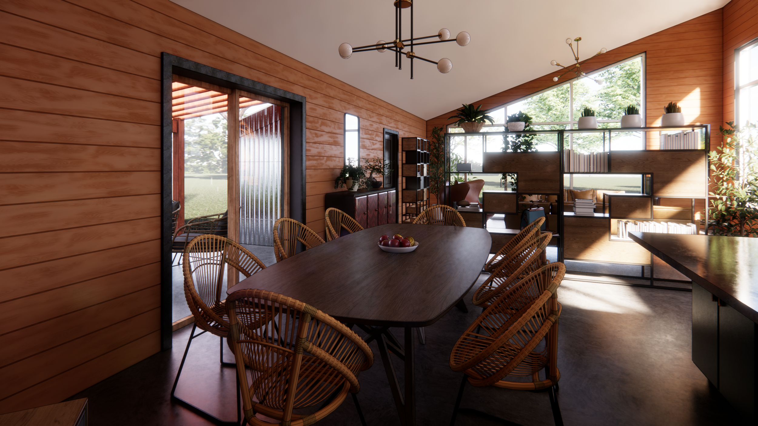 Modern custom prairie home offers an inviting interior. Wooden table surrounded by warm soft chairs create a beautiful and welcoming dining atmosphere.
