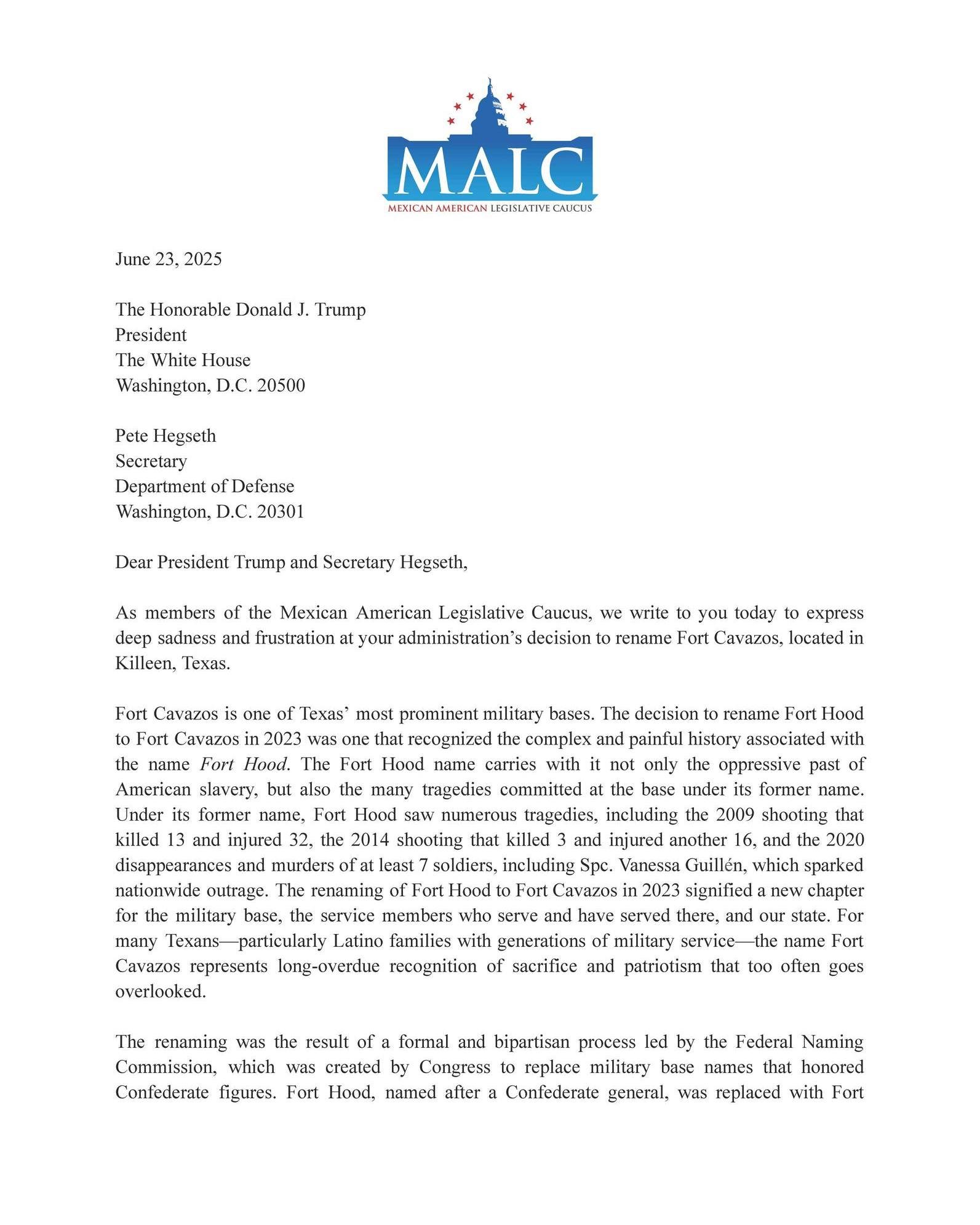 I've proudly joined my colleagues in MALC in urging President Trump and Secretary Hegseth to preserve the name Fort Cavazos.

Renaming Fort Hood was more than symbolic, it was a step toward healing and honoring real heroes like General Richard Cavazo