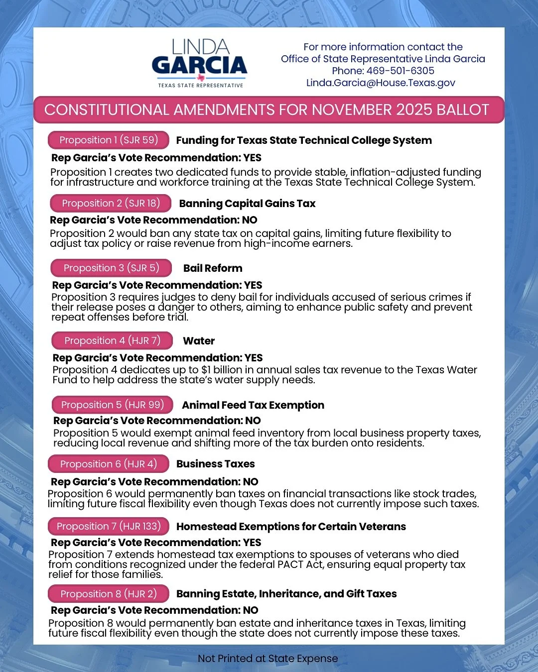 Hey HD107! 🗳️ Early voting starts soon - this election we have 17 propositions for you to make your vote count. These amendments impact everything from property taxes to public education, so your voice really matters.

As your State Representative, 