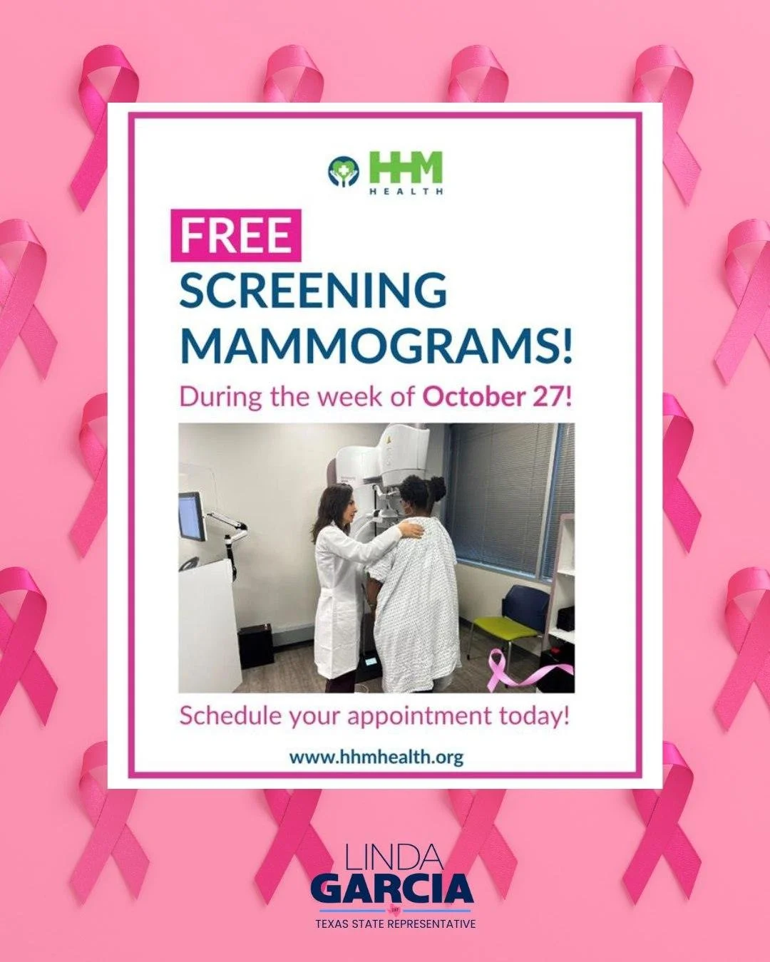 🔔FREE SCREENING MAMMOGRAMS from HHM Health🔔
In recognition of Breast Cancer Awareness Month, HHM Health is proud to offer 50 free mammograms to women without insurance or who qualify during the week of October 27.
Schedule yours TODAY!
📞214-221