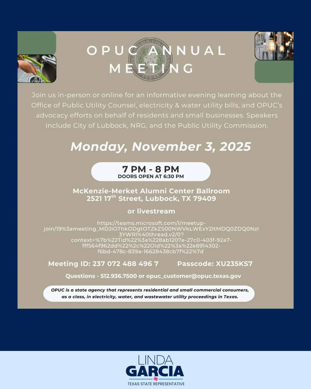The Office of Public Utility Counsel (OPUC) will host its Annual Public Meeting on November 3, 2025, in Lubbock, Texas — with options to join in person, online, or by phone.
This meeting is an opportunity to learn how OPUC advocates for reside