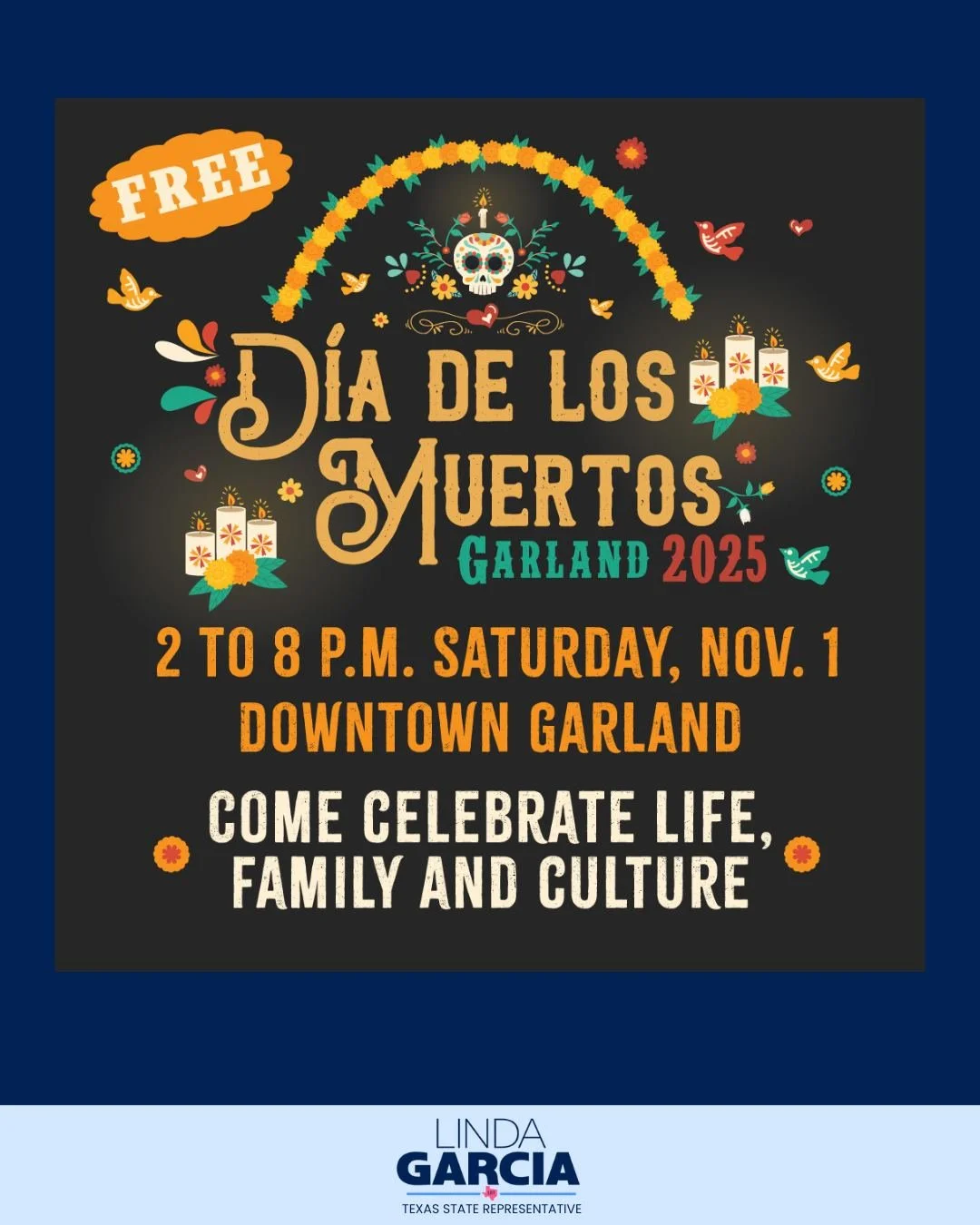 We&rsquo;re excited to join our community for Garland&rsquo;s 2025 D&iacute;a de los Muertos Celebration this Saturday, Nov. 1 from 2&ndash;8 p.m.!

Come celebrate life, family and culture with live music, a lowrider car show, market, delicious food,