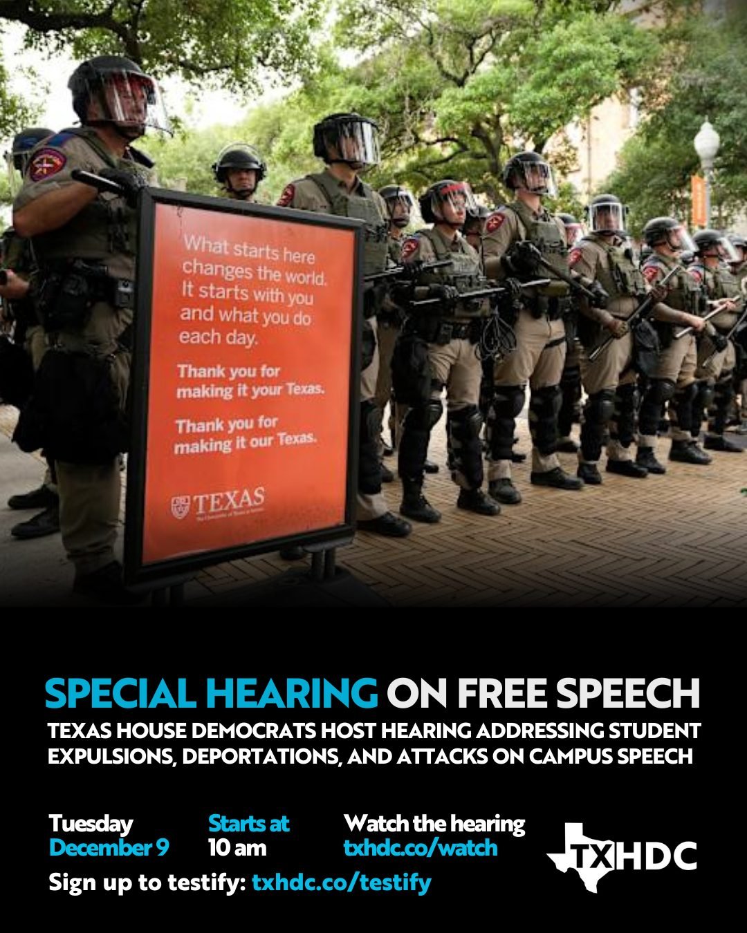 The HDC Committee on Free Speech will hold a virtual public hearing on Dec 9 to shed light on the current attacks on free speech at colleges, universities and public schools across the state, and to find ways to help protect Texas students, teachers,