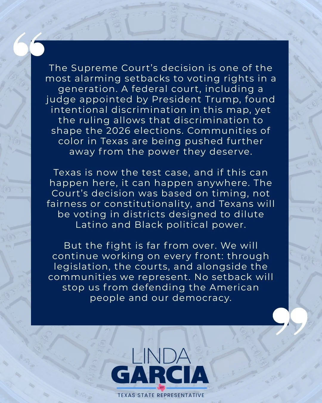 Rep. Garcia shares her statement following today&rsquo;s Supreme Court ruling. She&rsquo;s frustrated with the outcome, but unwavering in her commitment to protect voting rights and ensure our community is never silenced.
________________
La represen
