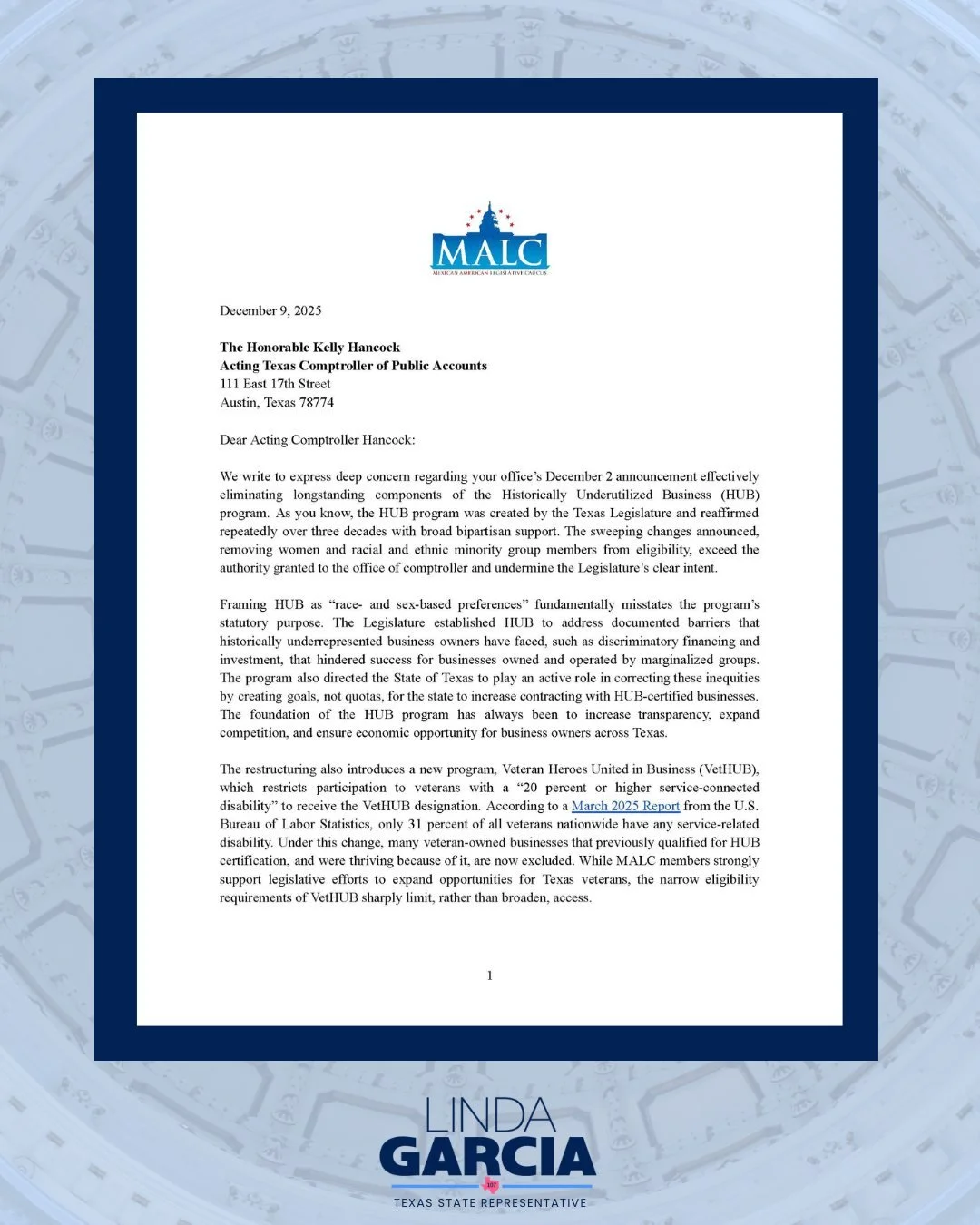 Rep. Garcia signed onto MALC&rsquo;s letter opposing the rollback of Texas&rsquo; HUB program&mdash;because economic opportunity should remain accessible to all Texans.

"When we undermine the success of small, diverse businesses, we undermine t