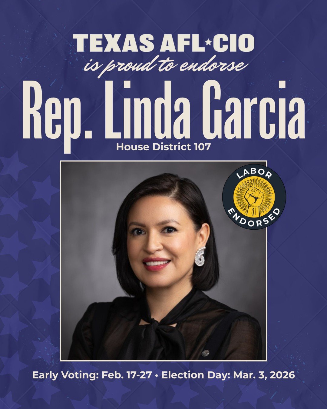 Proud and grateful to receive the endorsement of the @texasaflcio COPE. Representative Linda Garcia has always stood with working people, and this support reinforces our shared commitment to protecting workers&rsquo; rights, fair wages, and safe work