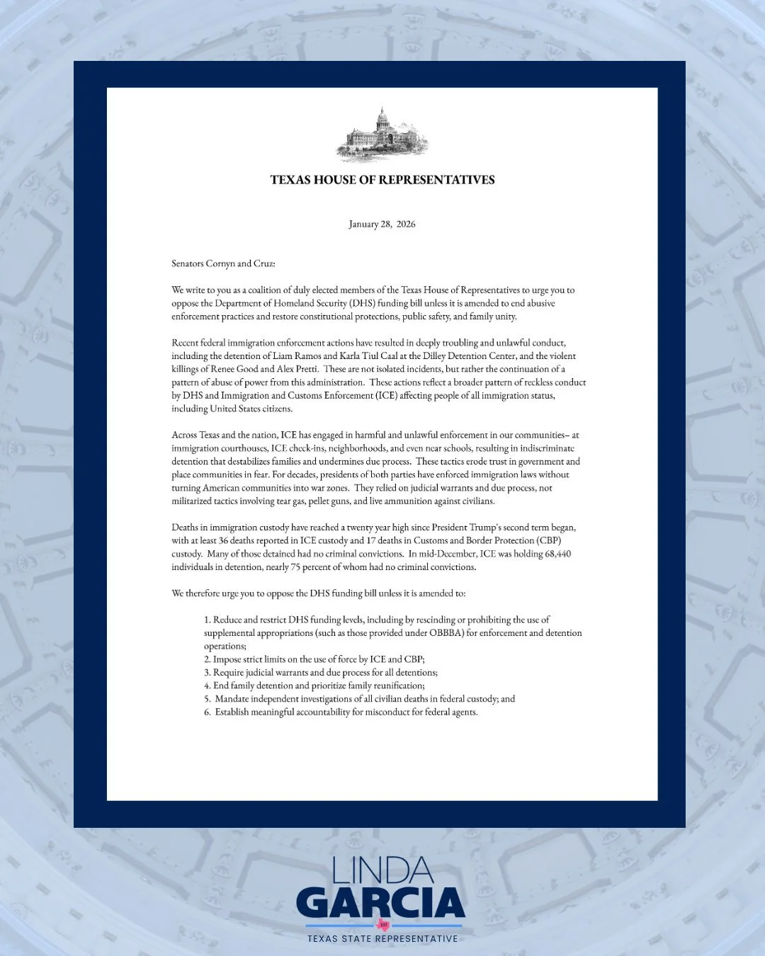 My team rallied to get a letter out to Senators Cruz and Cornyn before the vote this week.

 As a mother, I cannot separate my role as a lawmaker from my responsibility to protect children like Liam Cornejo Ramos. Every child deserves safety, dignity