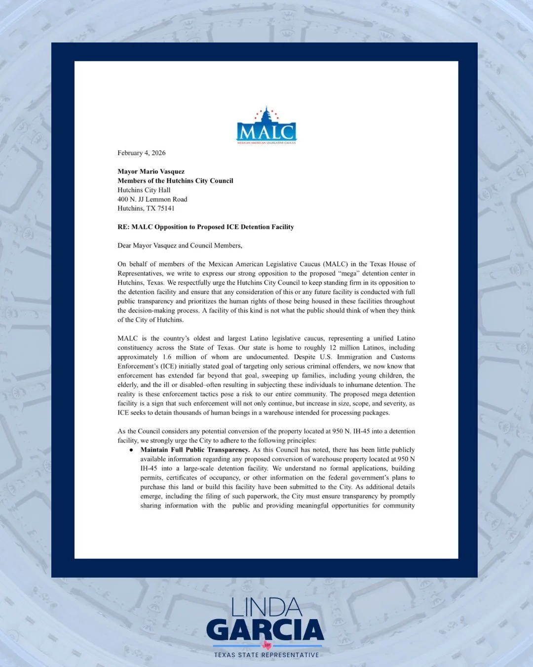 I am proud to support efforts opposing the proposed ICE detention facility in Hutchins. My MALC colleagues and I call for full transparency, accountability, and community engagement in all decision-making. #txlege 
__________________
Me enorgullece a