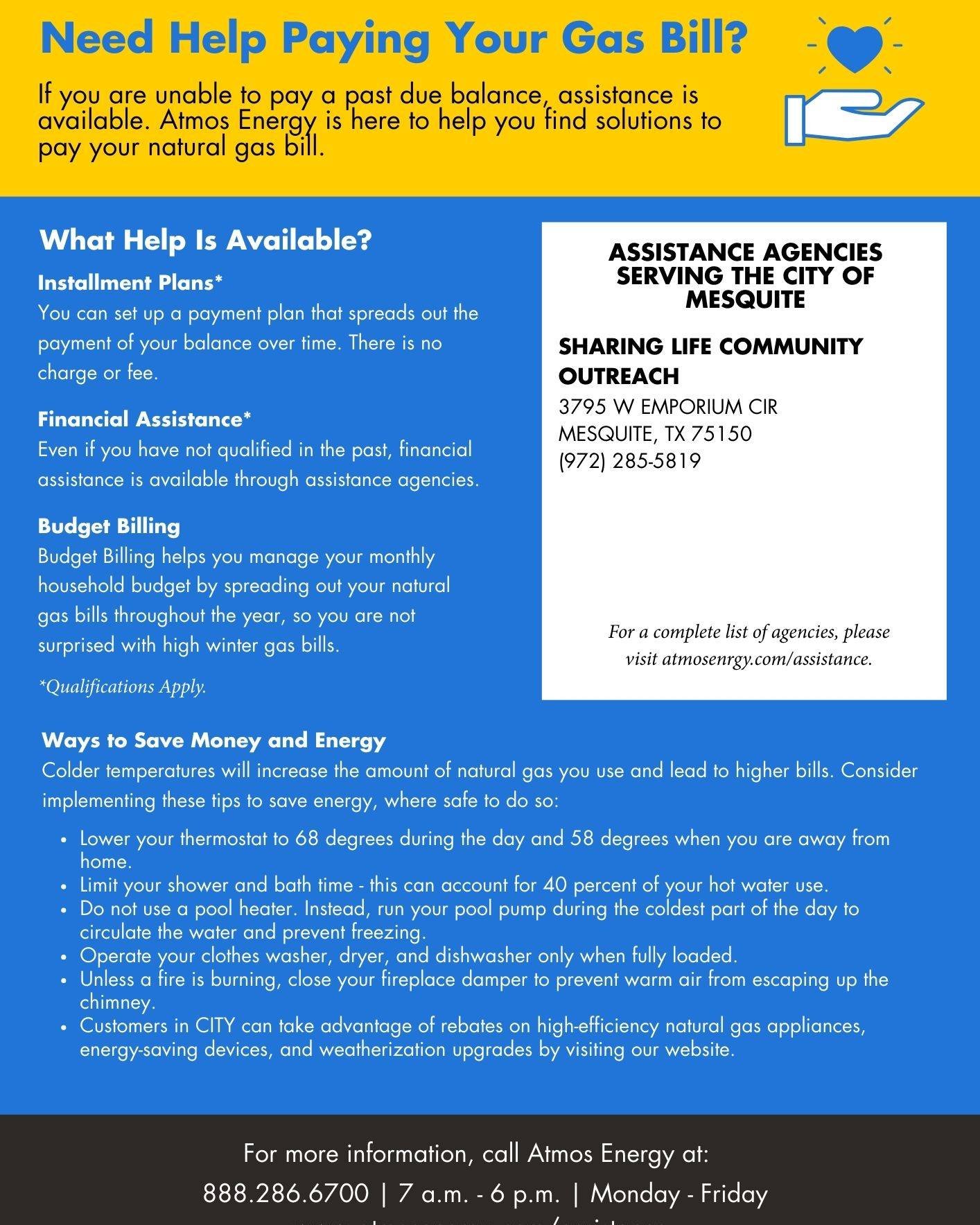 If you need help paying your Atmos Energy natural gas bill, assistance may be available &mdash; our office is sharing this resource so HD 107 families can stay safe and supported. 💛
_____________
Si necesita ayuda para pagar su factura de gas natura