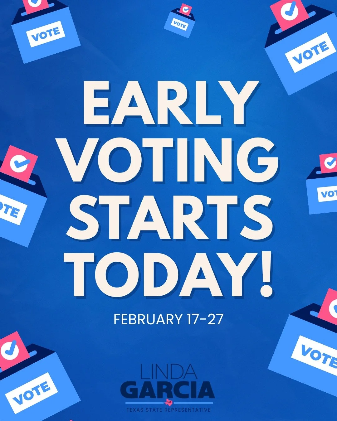 Early voting for the Primary Election is here! 🗳️✨

Early voting runs February 17th&ndash;27th, and most polling locations are open 7:00 AM&ndash;7:00 PM.

Make a plan, bring a friend, and let your voice be heard! For polling locations and more info