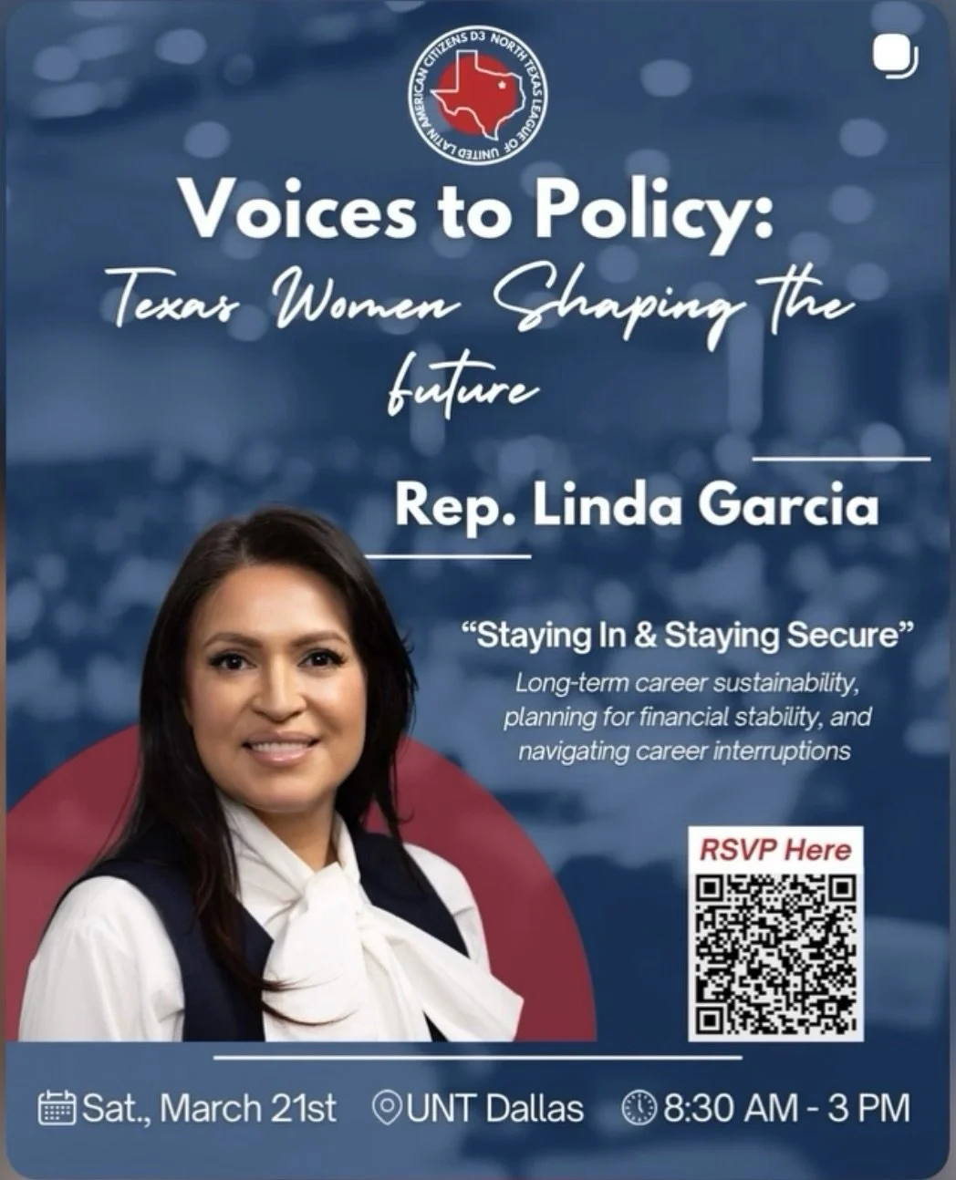 Join Rep. Garcia at Voices to Policy-Texas Women Shaping the Future this Saturday, March 21st. The lineup is incredible with discussions on family care, prosperity pipeline and constitutional liberties. 

Don&rsquo;t miss this opportunity to learn, g
