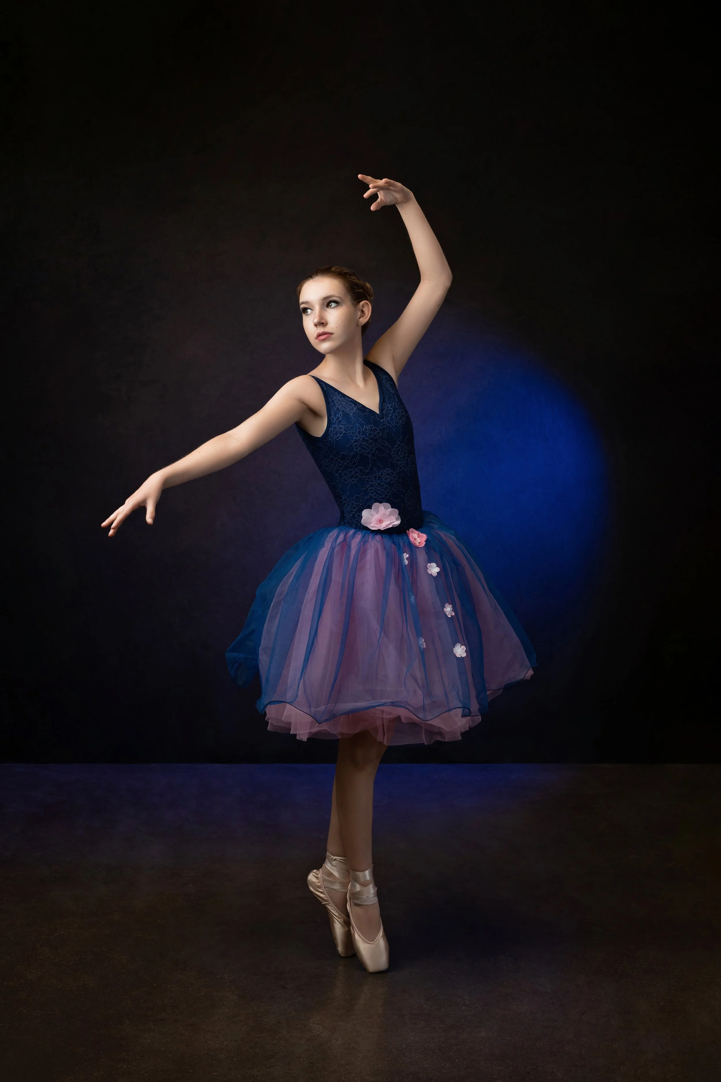 A blue ballerina costume worn by a girl during her dance photoshoot in Gretna