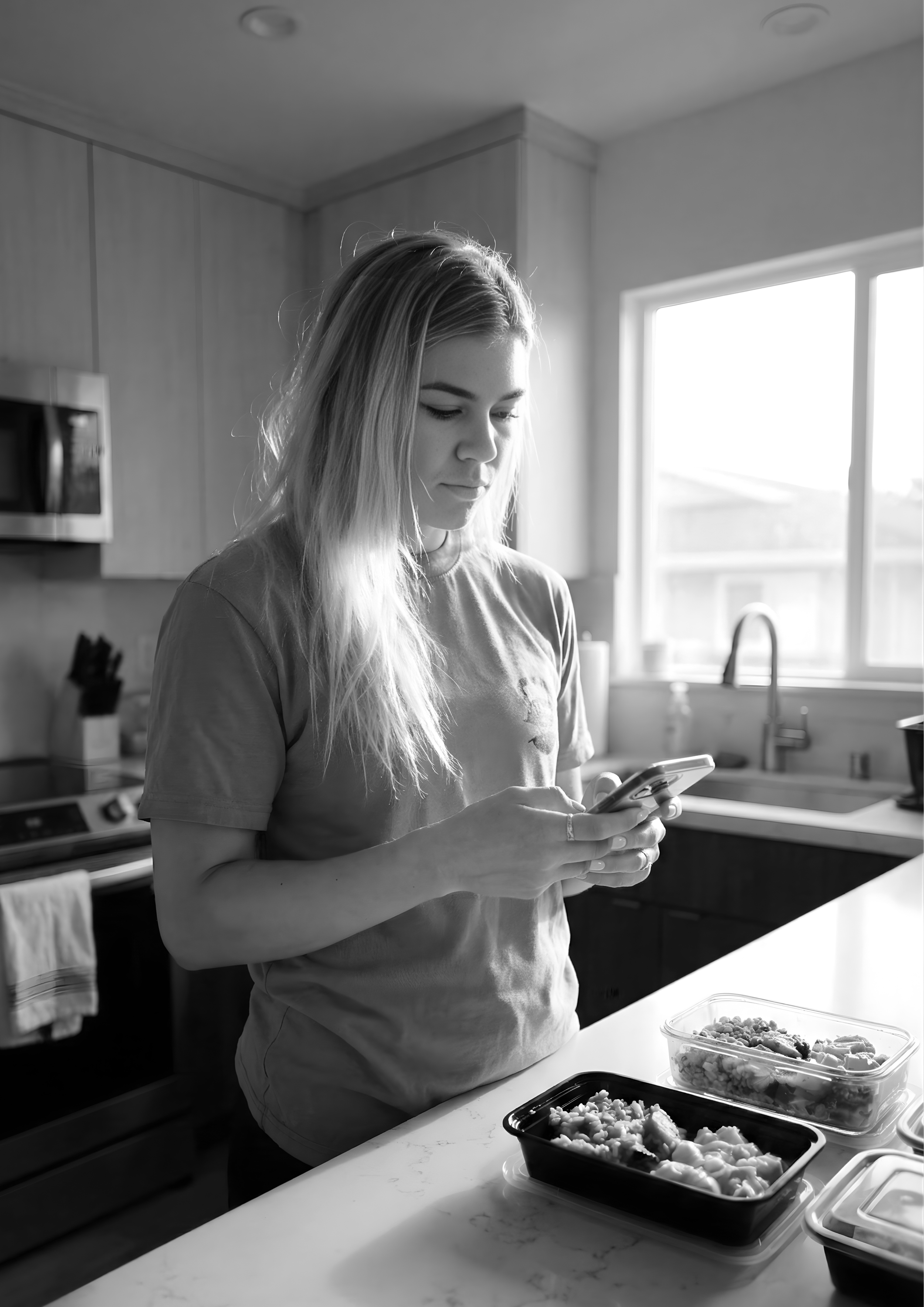 A woman in a kitchen looking at her phone with containers of food on the counter.