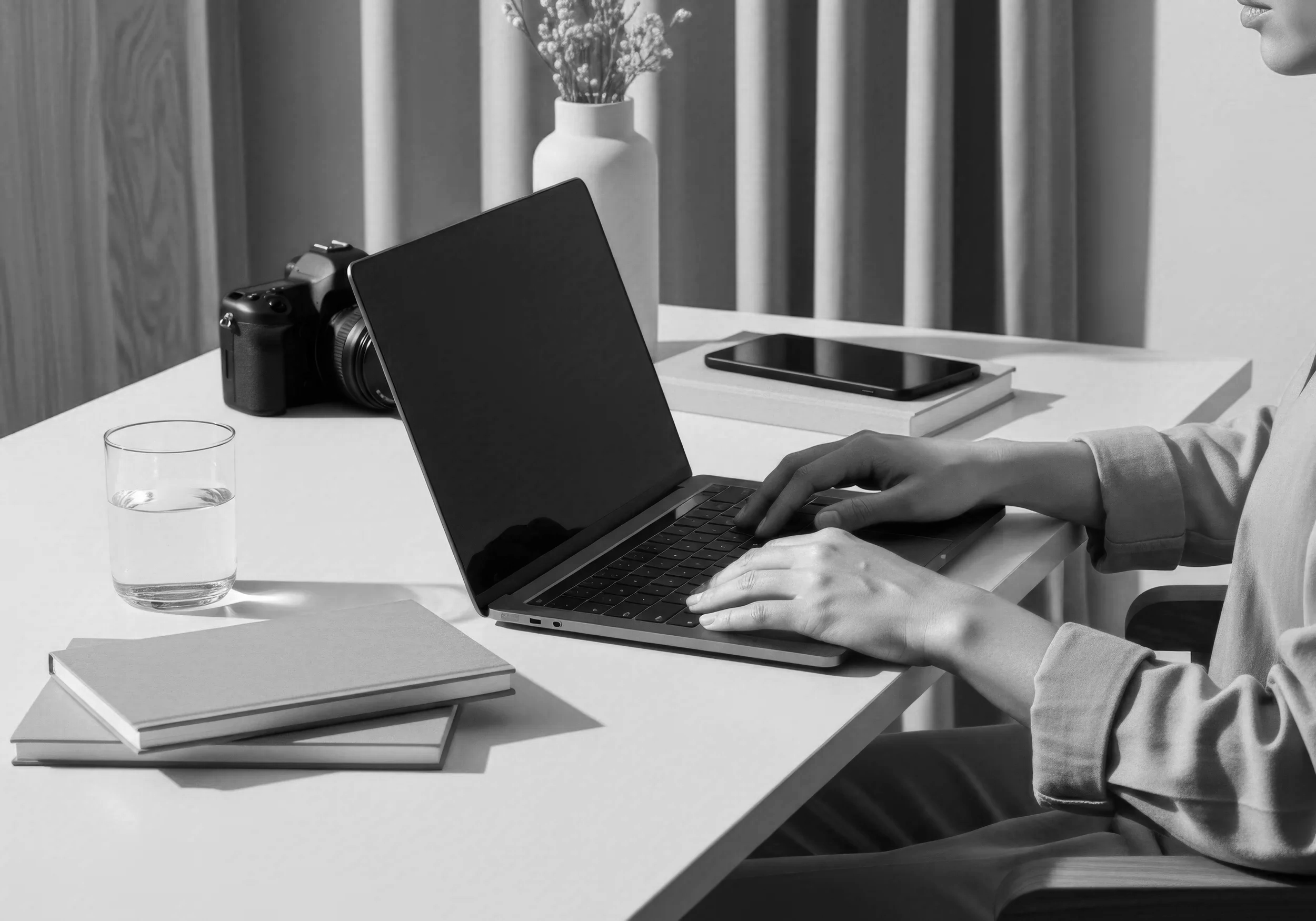 A person working on a laptop at a desk with notebooks, a glass of water, a camera, a smartphone, and a vase with flowers.