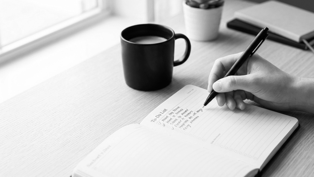 A person writing in a notebook at a desk with a cup of coffee, a small potted plant, and closed notebooks.