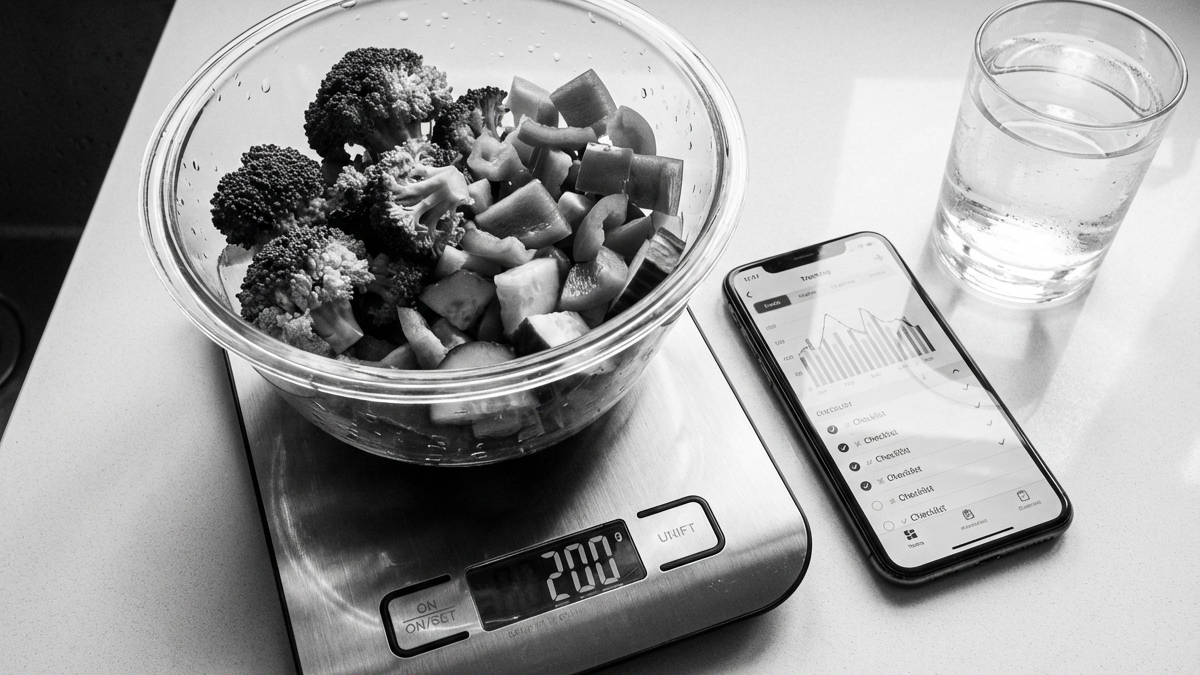 A bowl of chopped vegetables including broccoli and peppers on a digital kitchen scale reading 200 grams. Next to a glass of water and a smartphone displaying a health or fitness app, all on a white table.
