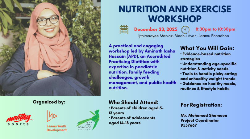 A poster for a Nutrition and Exercise Workshop scheduled for December 23, 2025, from 8:30 pm to 10:30 pm.